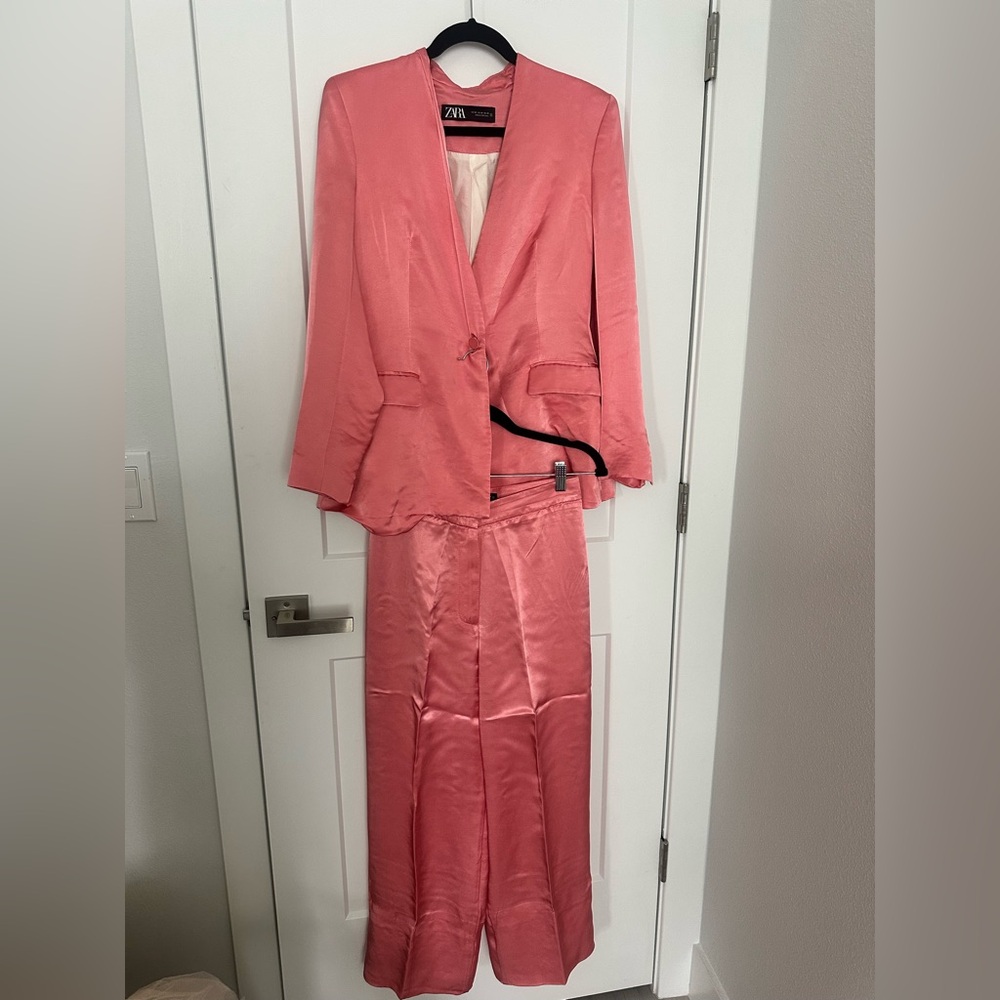 Zara Pink Satin Blazer and Pants Set